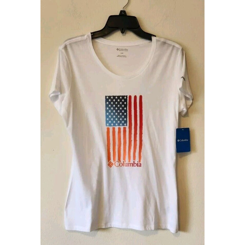 Columbia Daisy Days American Flag Shirt Patriot White Graphic Tee Size Large